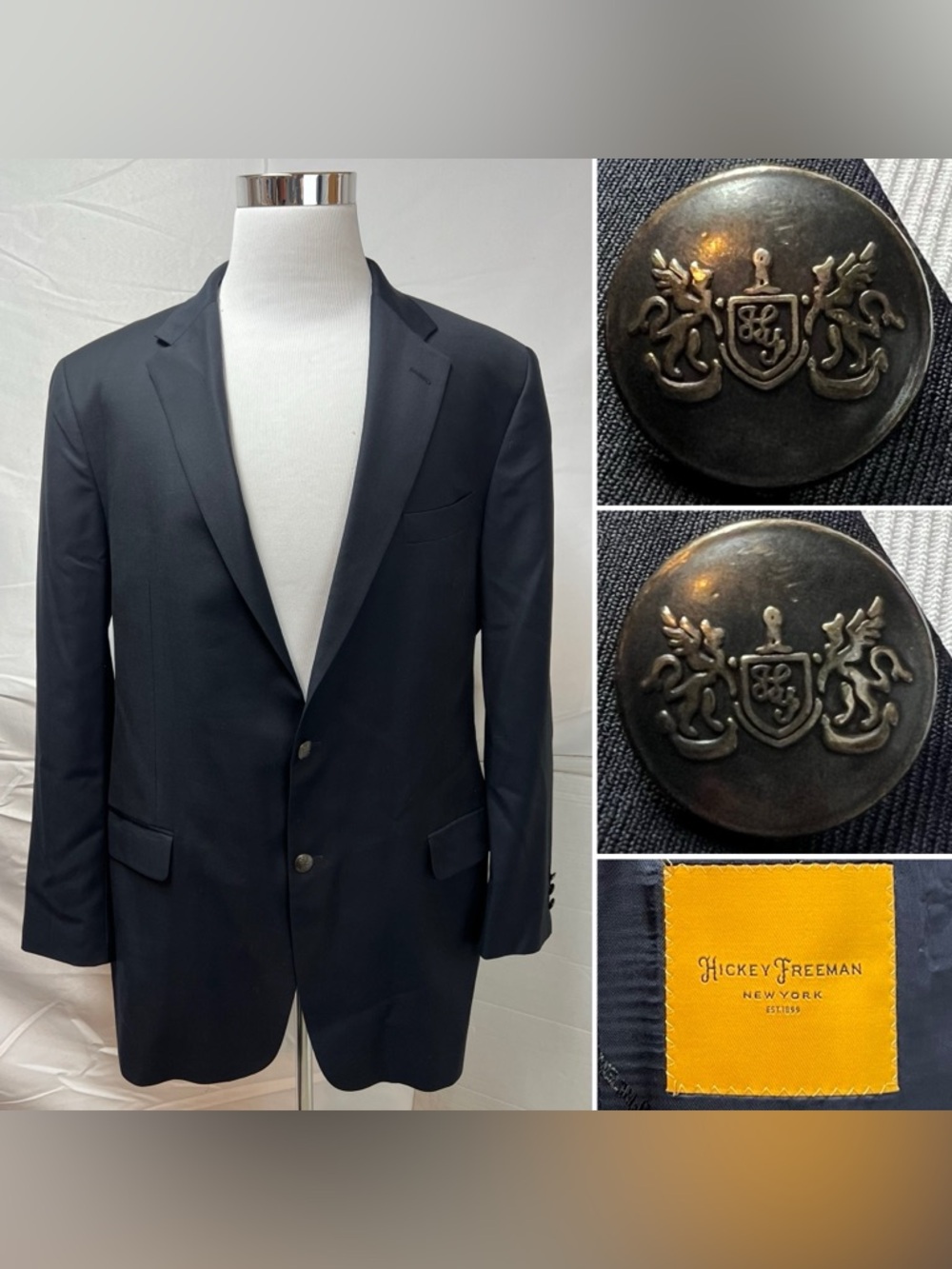 Hickey Freeman Men’s 46 XL Navy Wool Silver Metal Crest Buttons Blazer Jacket